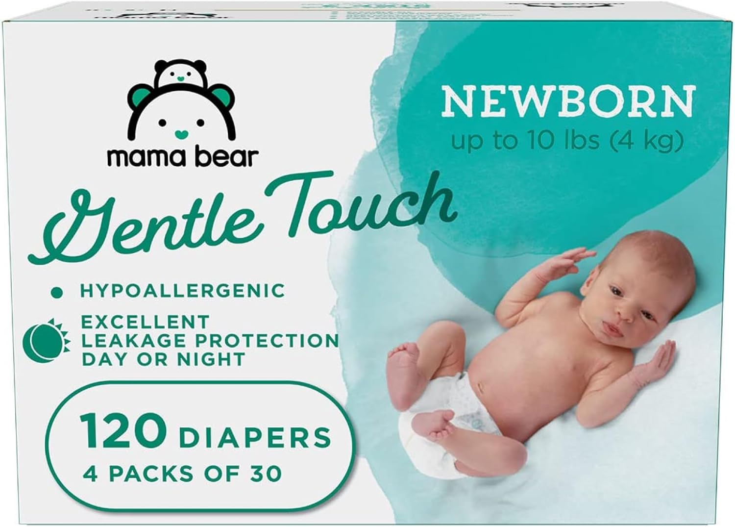 Amazon Brand - Mama Bear Gentle Touch Diapers, Hypoallergenic, Newborn, White, 120 Count (4 Pack of 30 )