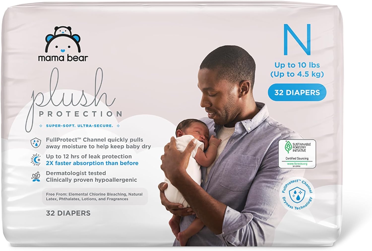 Amazon Brand - Mama Bear Plush Protection Diapers, Hypoallergenic, Size Newborn, 32 Count, White
