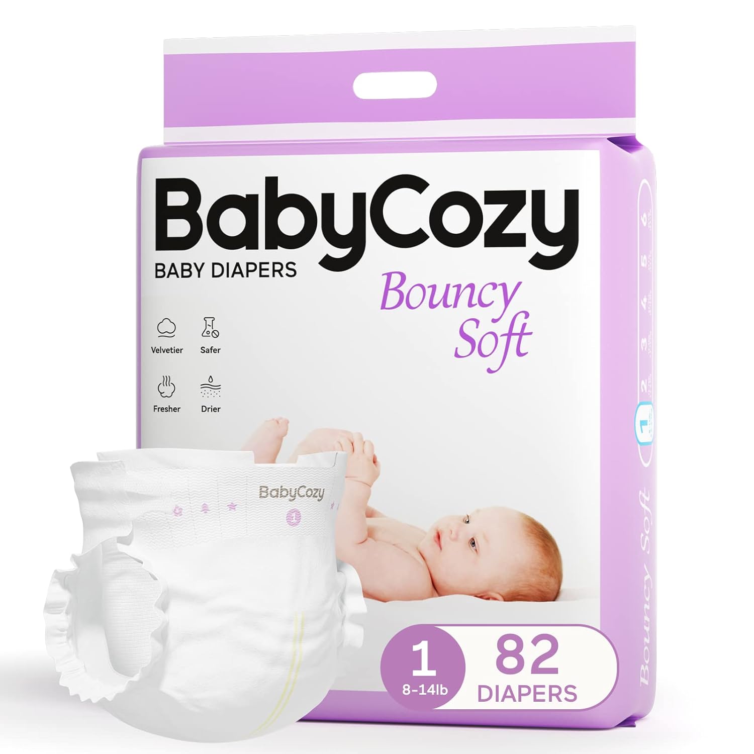 Babycozy BouncySoft Newborn Diapers for Sensitive Skin, Hypoallergenic Disposable Diapers, Plain White Diapers Without Chlorine, Soft Diapers for BabyInfantPreemie, Size 1(8-14lb) 72 Count