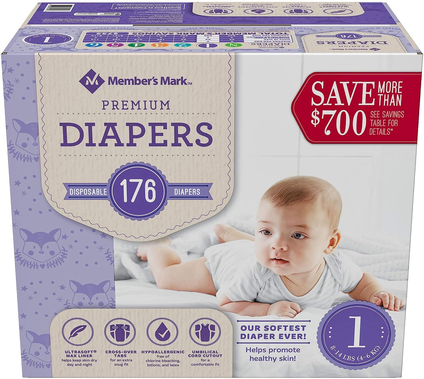 Members Mark Members Mark Premium Baby Diapers, Newborn Size 10 Pounds, 108 Count