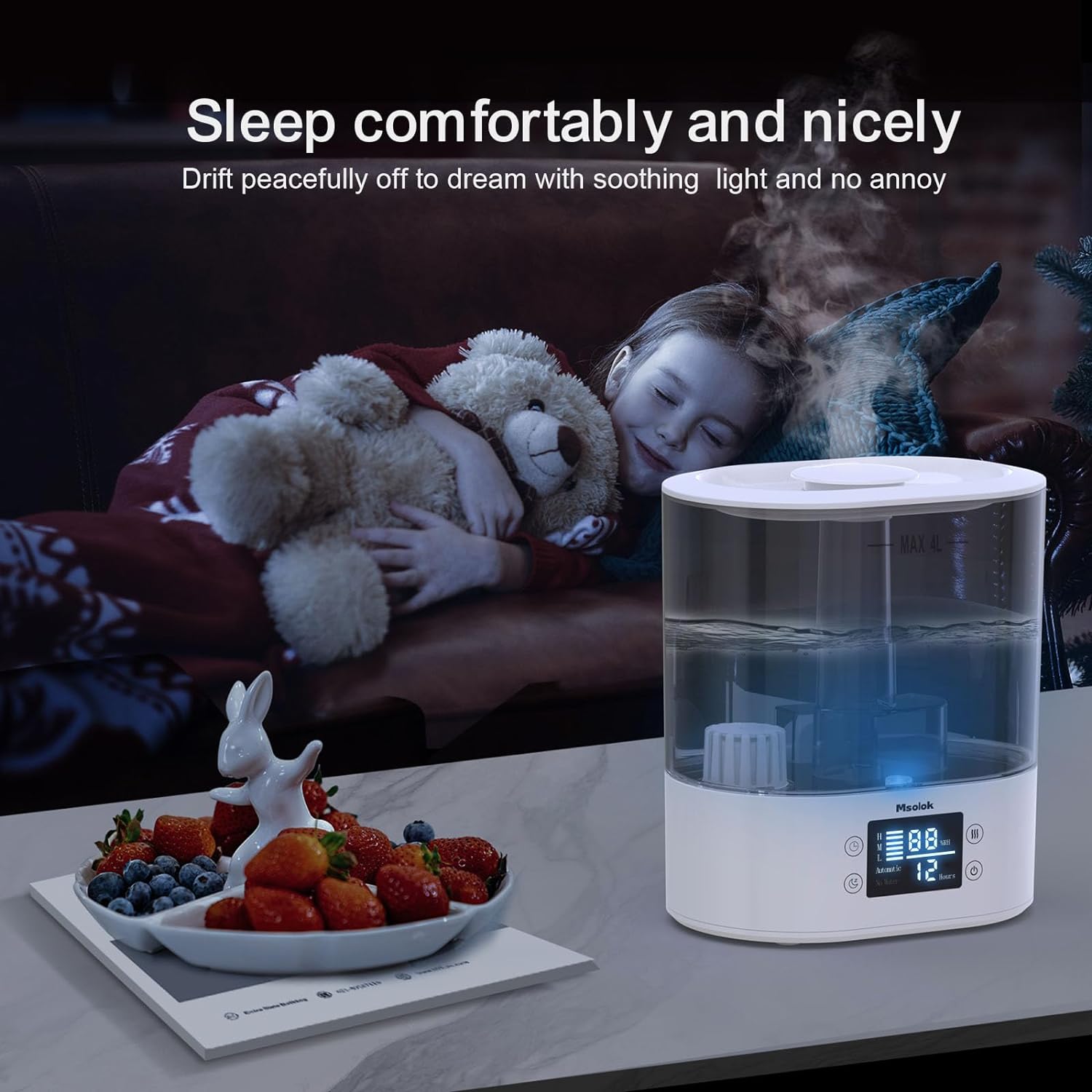 Msolok Humidifiers for Bedroom and Home  Baby - 4L Cool Mist Air Humidifiers for Plants, 26db Quiet Top Fill Air Humidifier Lasts Up to 40 Hours, Auto Shut-Off, Super Easy to Fill and Clean