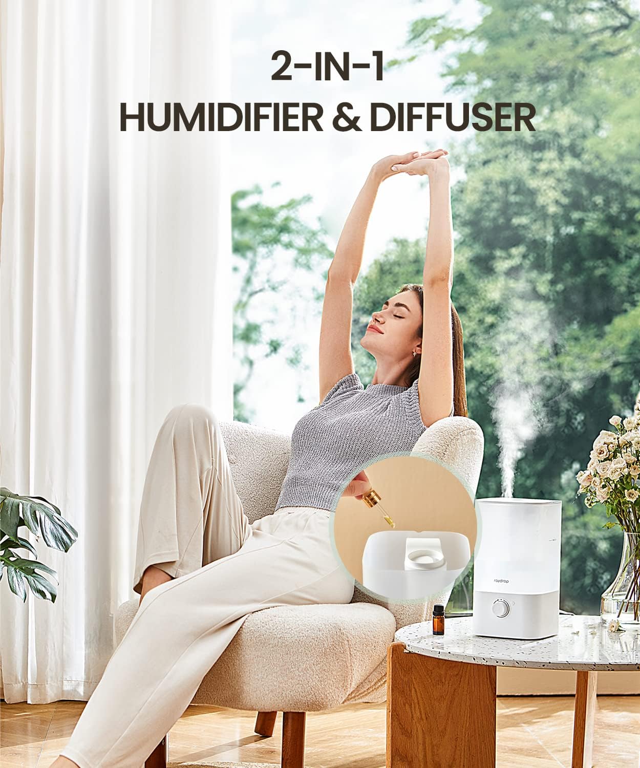 raydrop Humidifiers for Bedroom, 2.5L Top Fill Cool Mist Humidifiers for Home, Large Room, Baby, and Plant, Essential Oil Diffuser with Cycling 7 Color Lights, 360° Nozzle, Auto Shut-Off, White