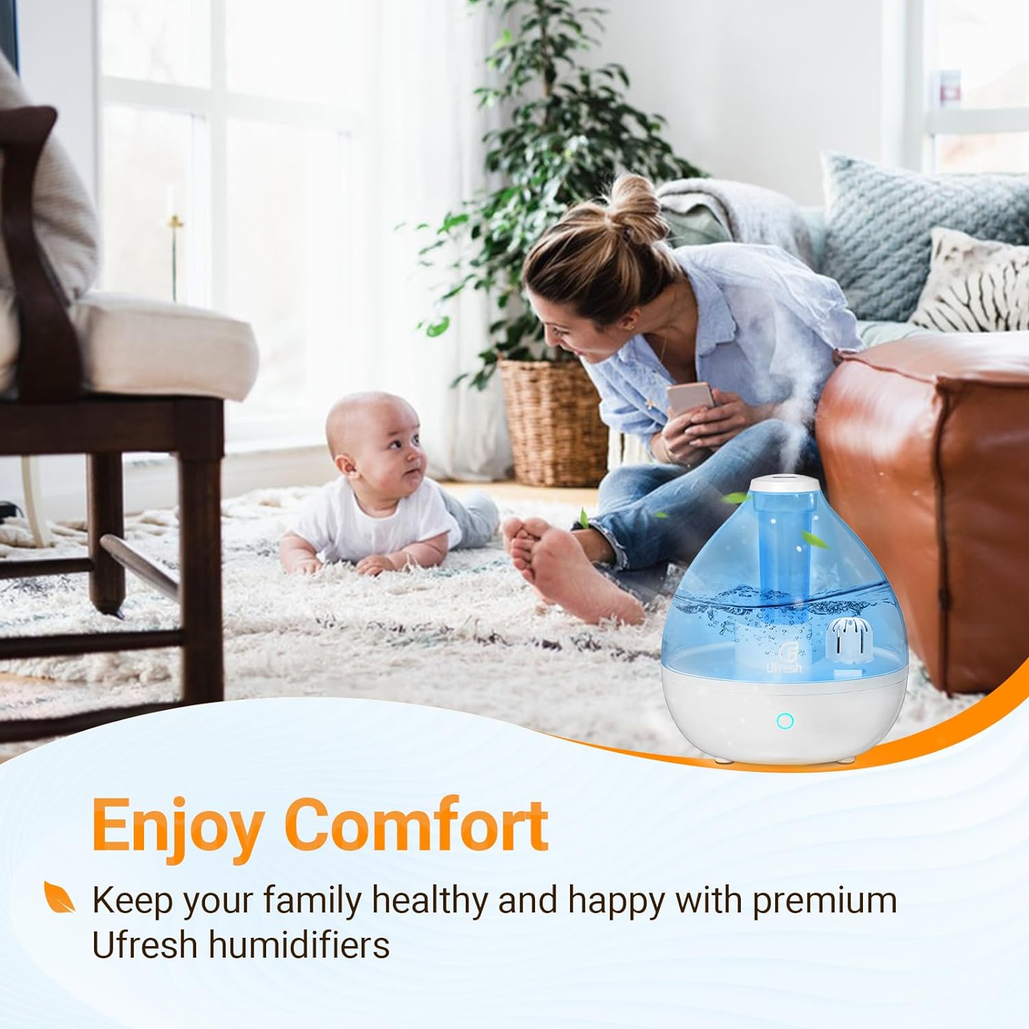 Ufresh Cool Mist Humidifiers for Home Bedroom Large Room, Small Vaporizers for Babies Kids Nursery Plants with Touch Control, 2.6L(0.7 Gal), Auto Shut-off, Whisper-Quiet
